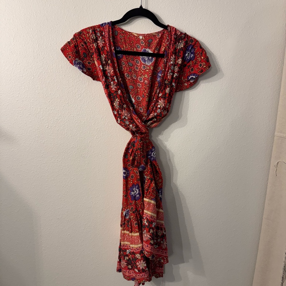 Red and Blue Maxi Sundress with Flutter Sleeves